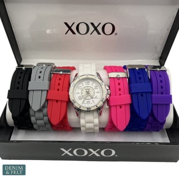 XOXO Women’s Silver-Tone Analog Watch Set w/ 7 Silicone Bands XO9043 NEW/NIB!! - Picture 2 of 14
